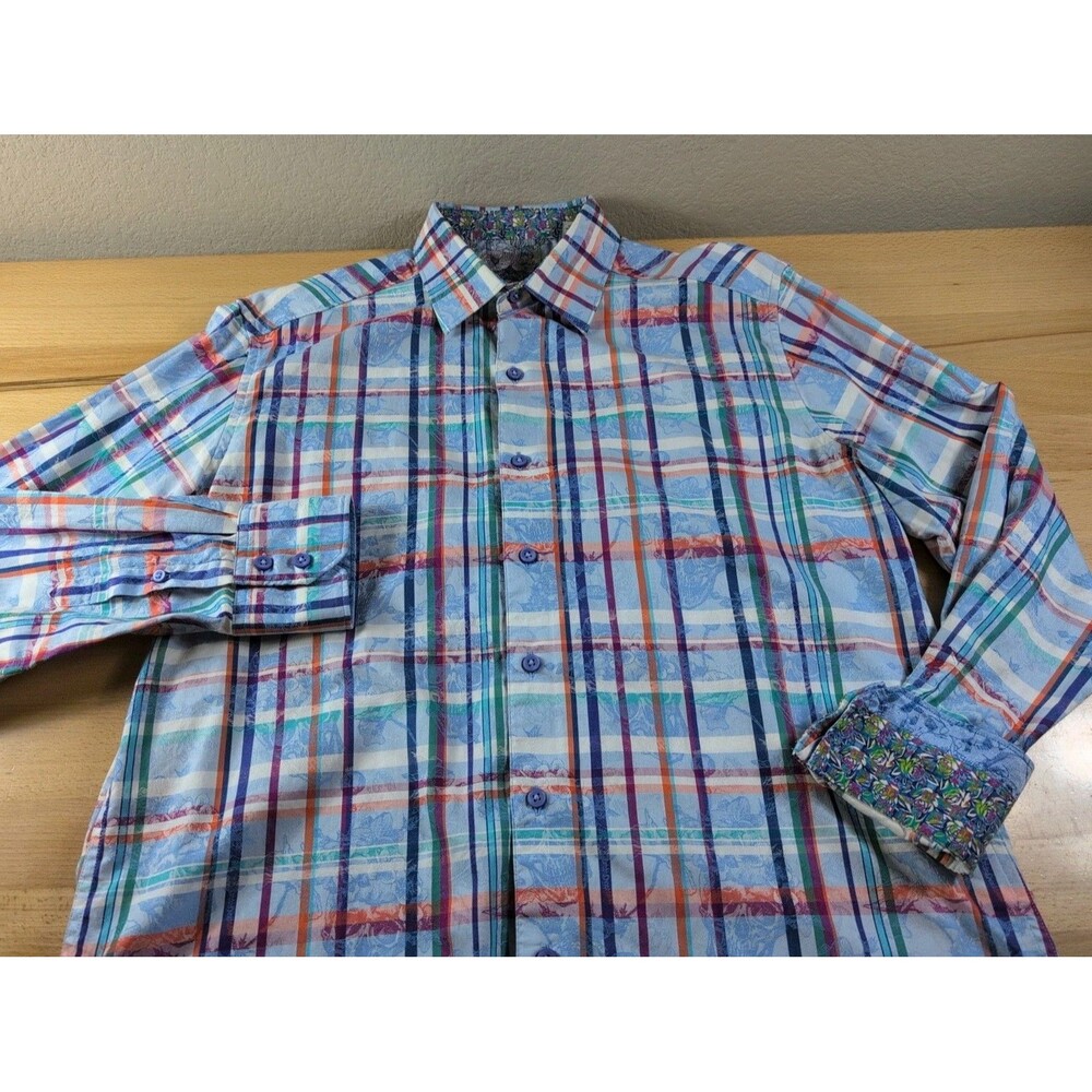 Robert Graham Shirt Mens Medium Blue Plaid Skull Print Long Sleeve Button Up
